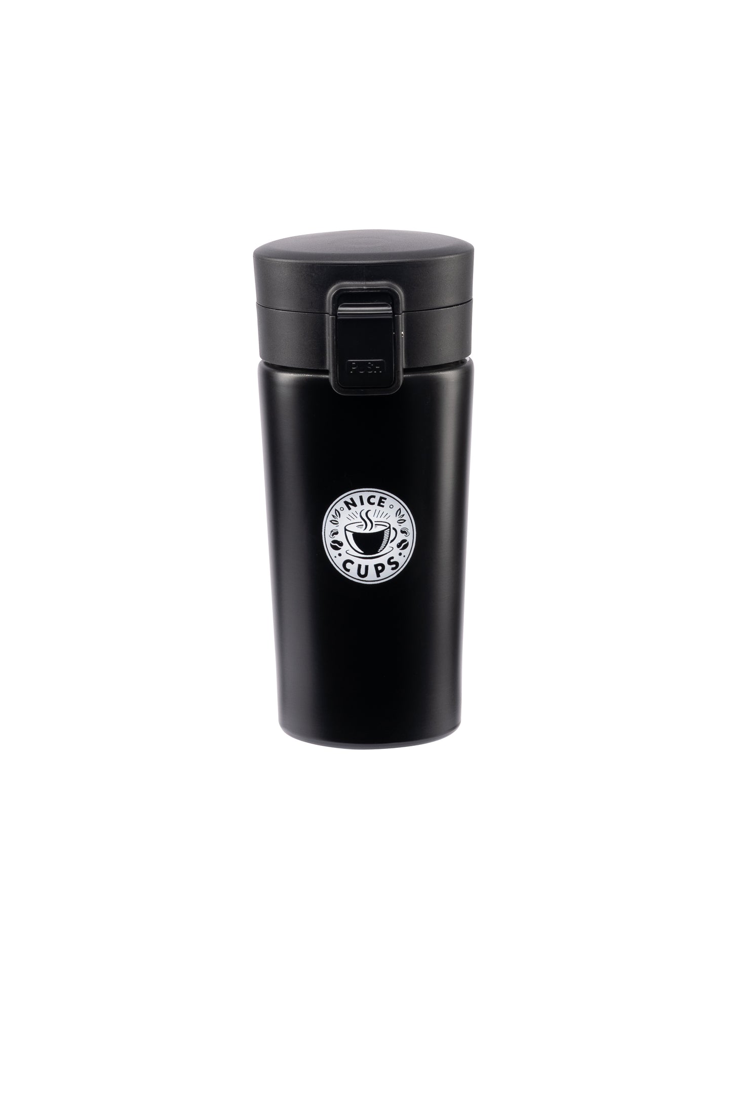 Nice Cups Stainless Steel Vacuum Insulated Tumbler – Double Wall, Leak-Proof, Lockable Push Button Lid, Keeps Drinks Hot 8H & Cold 12H – Travel Mug for Coffee, Tea or Water (Black, 13oz)