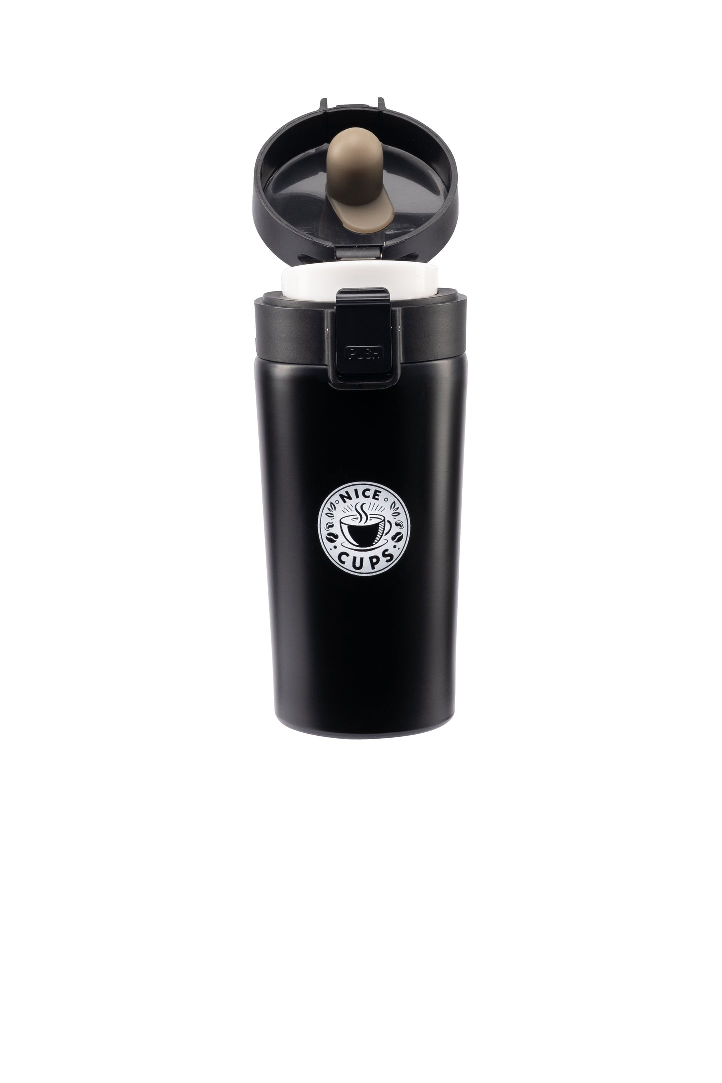 Nice Cups Stainless Steel Vacuum Insulated Tumbler – Double Wall, Leak-Proof, Lockable Push Button Lid, Keeps Drinks Hot 8H & Cold 12H – Travel Mug for Coffee, Tea or Water (Black, 13oz)